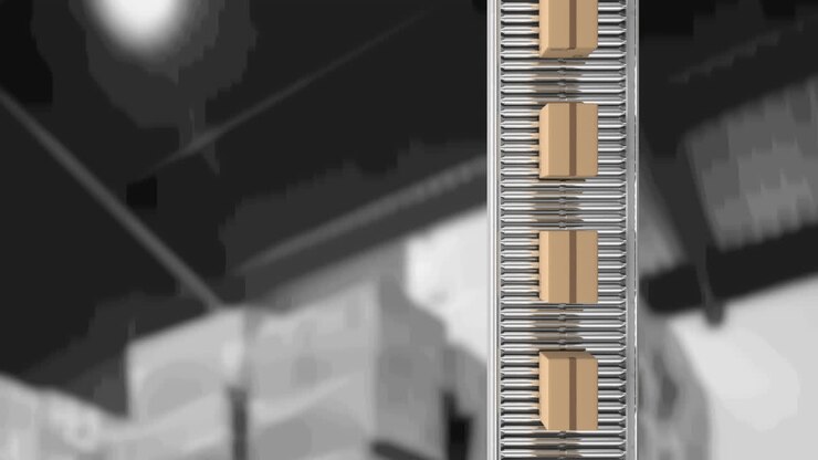 Animation of cardboard boxes moving on conveyor belt over warehouse