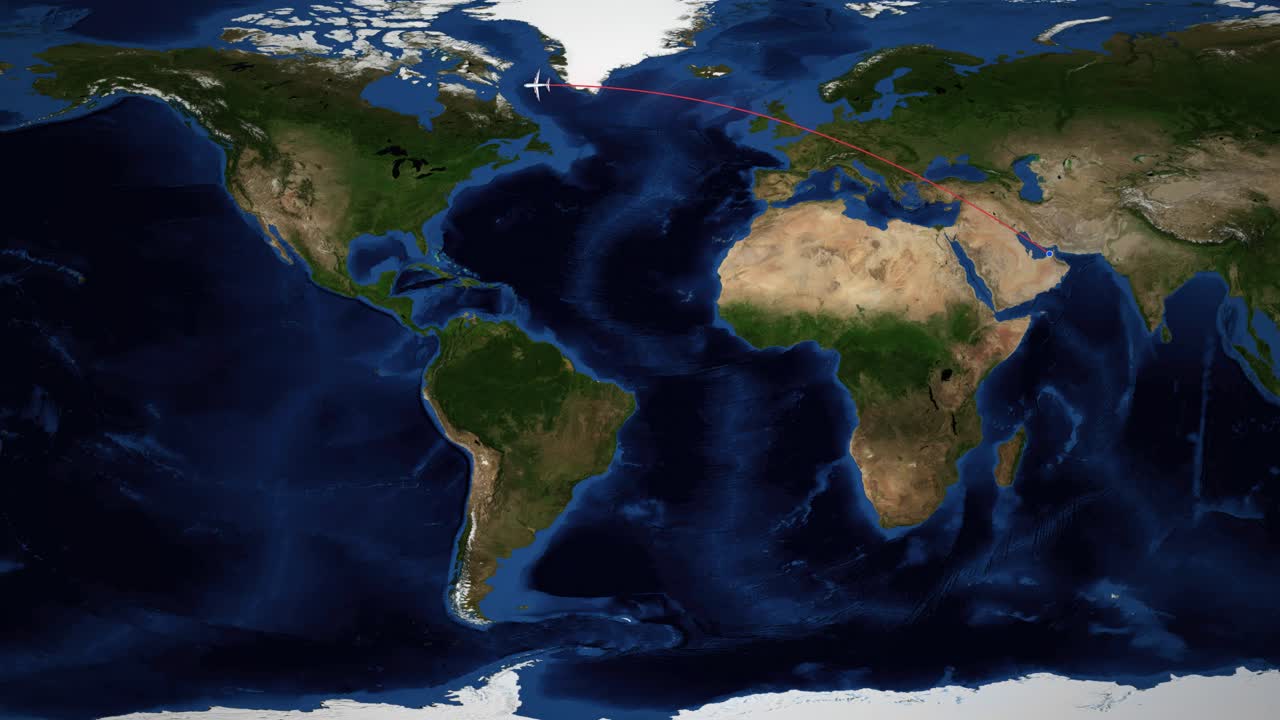 Animazione di una mappa satellitare del mondo che traccia un aereo in volo da Dubai a Vancouver lungo un percorso rosso.