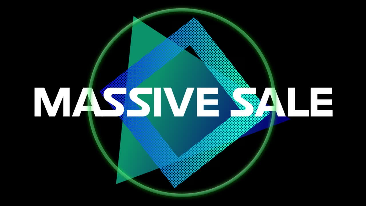 Animation of massive sale text over shapes on black background