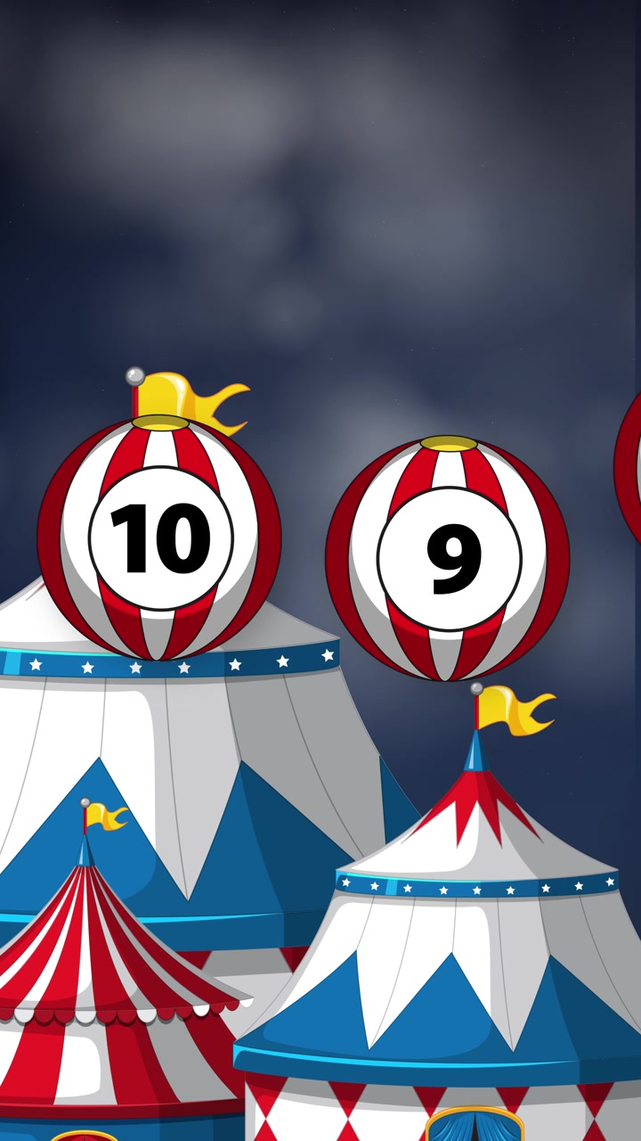 Palline numerate a strisce rosse e bianche galleggiano verticalmente sopra tende da circo blu e rosse.