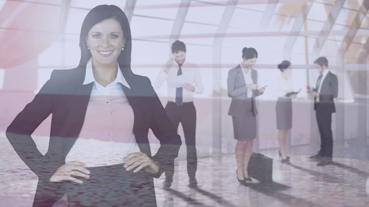 Vertical video: Posing woman in blazer hands on hips smiling in lobby, colleague checking watch