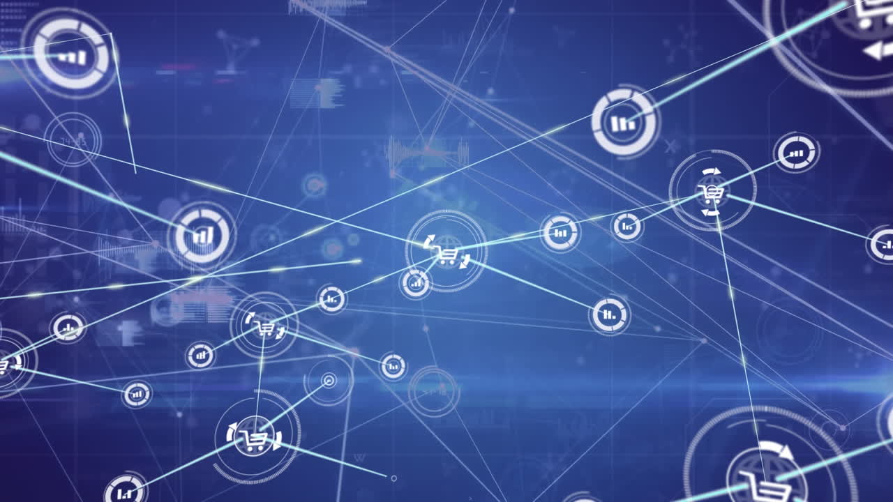 animación de datos y red de conexiones con iconos sobre fondo oscuro