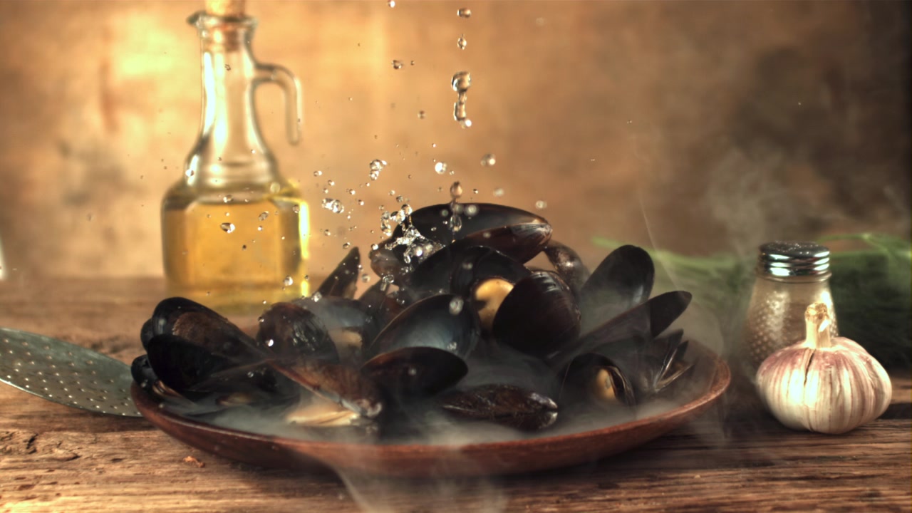 Slow Motion Water Drops Splashing on Steaming Mussels