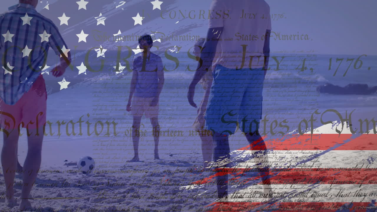 여름에 해변에서 공을 치는 행복한 다양한 친구들 위에 있는 미국 발의 애니메이션