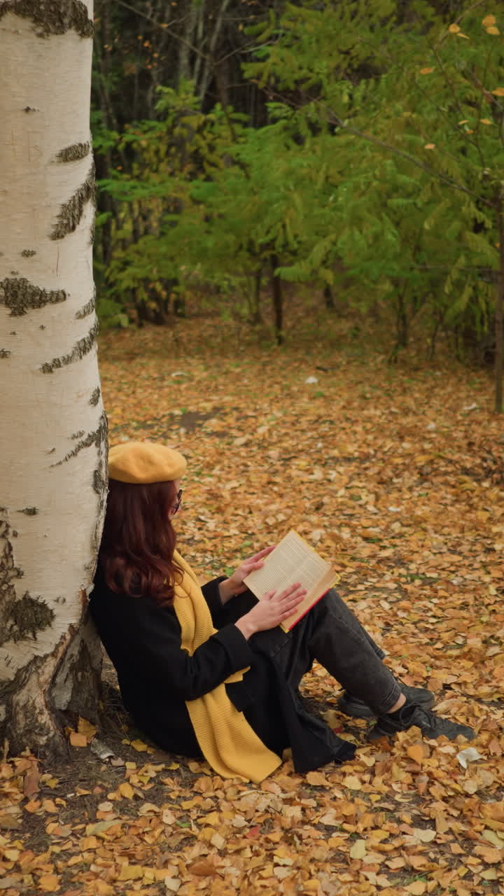 vista aérea de una mujer vestida con un traje elegante sentada sola, apoyada en un árbol, leyendo un libro mientras toca suavemente las páginas, rodeada de hojas doradas de otoño en un entorno pacífico de bosque