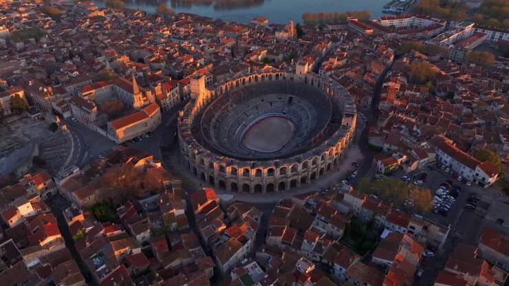 Scorcio aereo della vecchia Arles baciata dal calore dell'alba