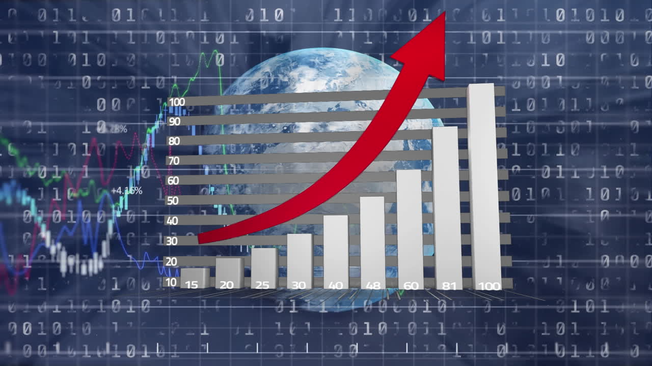 지구촌의 애니메이션, 빨간 화살표와 바이너리 코딩의 통계, 금융 데이터 처리
