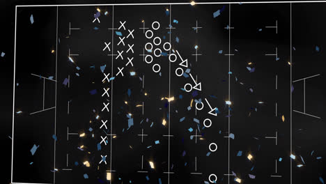 animation of game plan on board and confetti over sports stadium