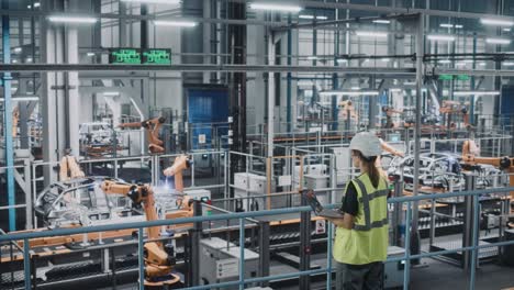 female car factory engineer in high visibility vest using laptop computer. automotive industrial manufacturing facility working on vehicle production with robotic arms. automated assembly plant.