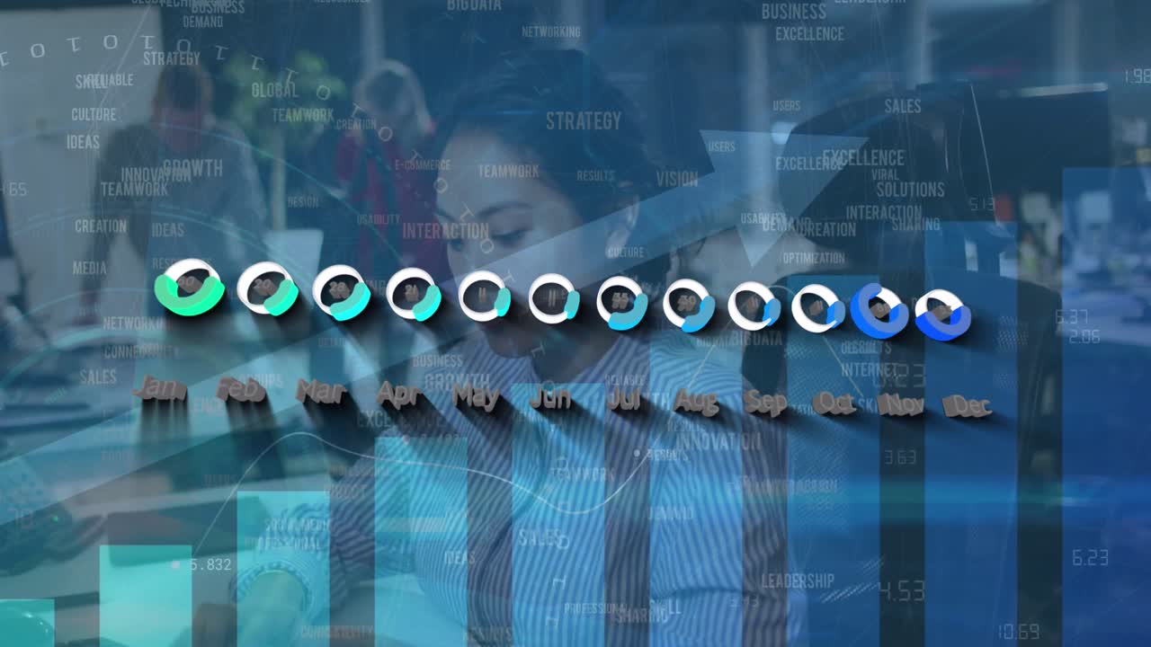 Animation of financial data processing over diverse business people in office