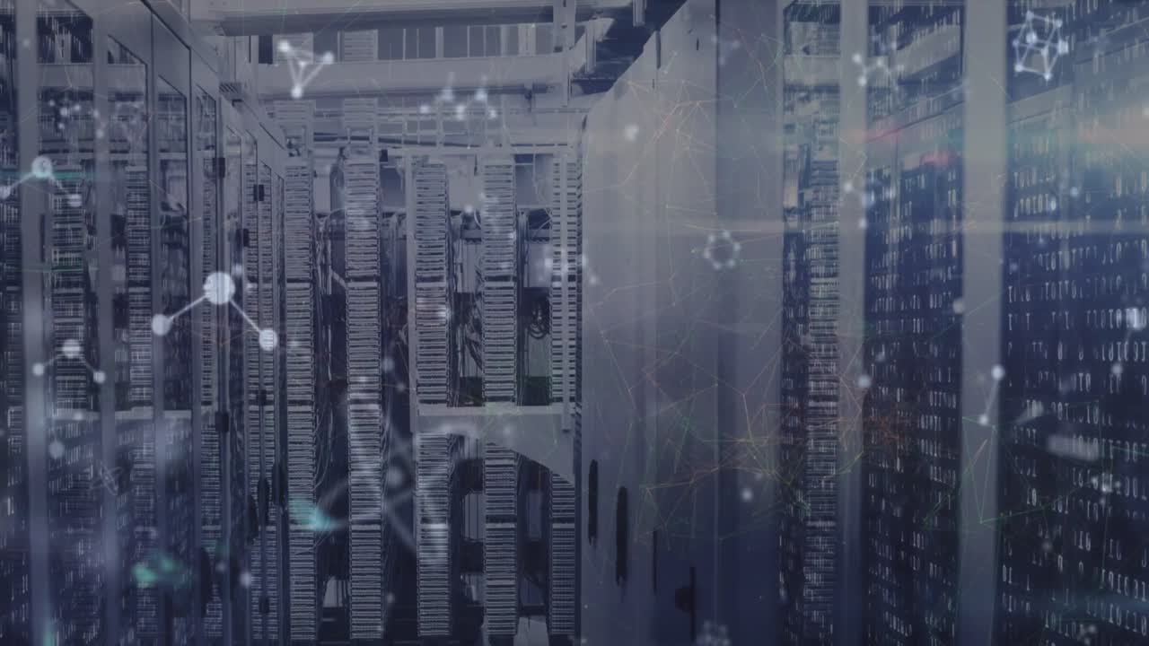 Animation of molecules floating over servers