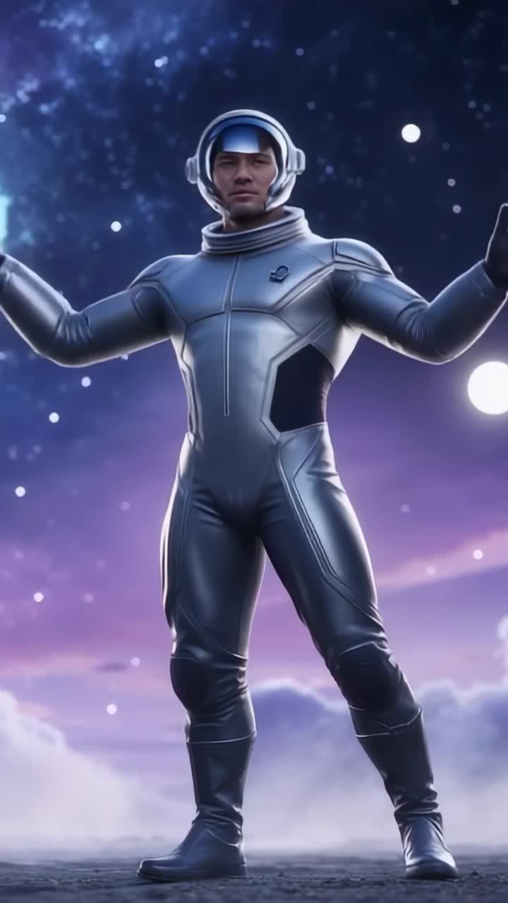 Vertical video: Noticing glowing orbs astronaut in space suit lifting arms outward skyward on deck
