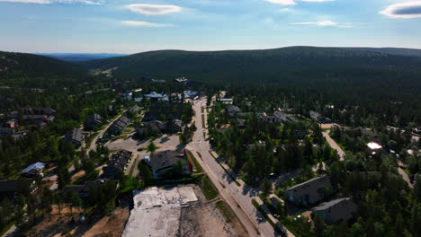 Aerial-view-over-the-townscape-of-the-Saariselka-village,-summer-in-Lapland