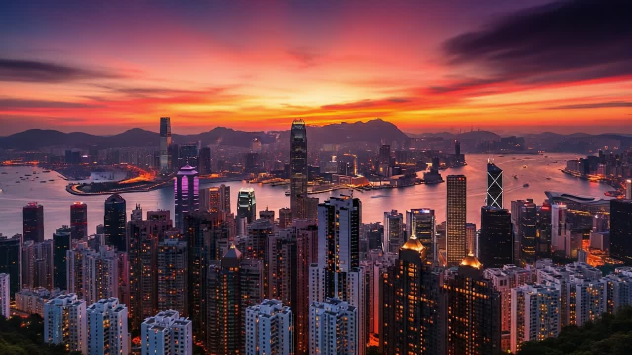 Hong Kong Cityscape at Sunset with Illuminated Skyline