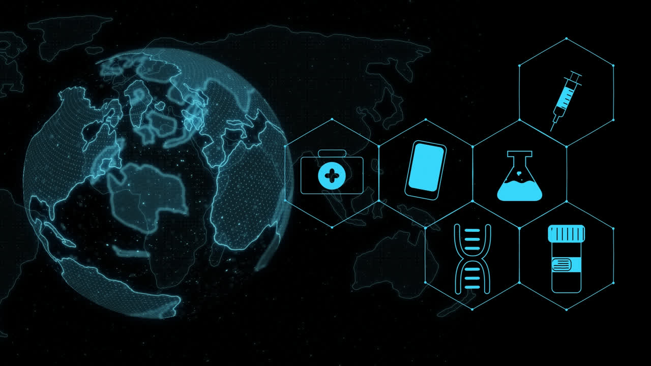 검은 바탕에 있는 의료 아이콘과 지구의 애니메이션