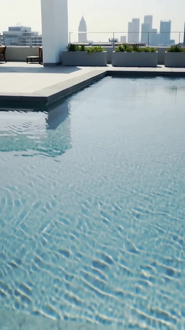 Vertical video: Panning camera moving toward rooftop pool water, showing ripples to highlight floor