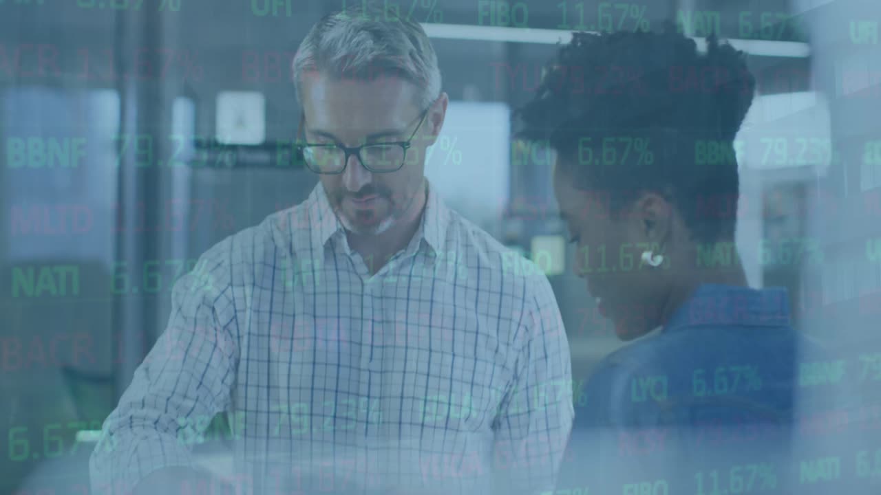 Animation of statistics and financial data processing over diverse business people in office