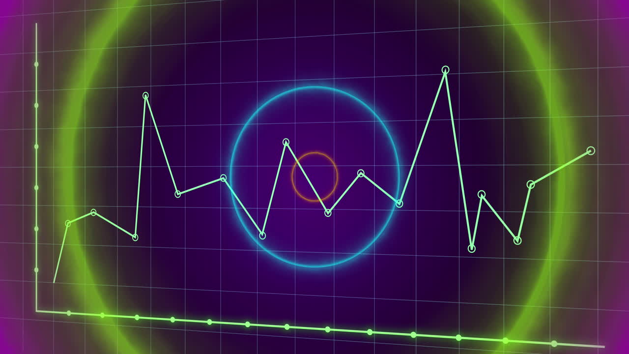 데이터 처리 및 네온 원형 모양의 애니메이션을 보라색 배경에 원활한 패턴으로