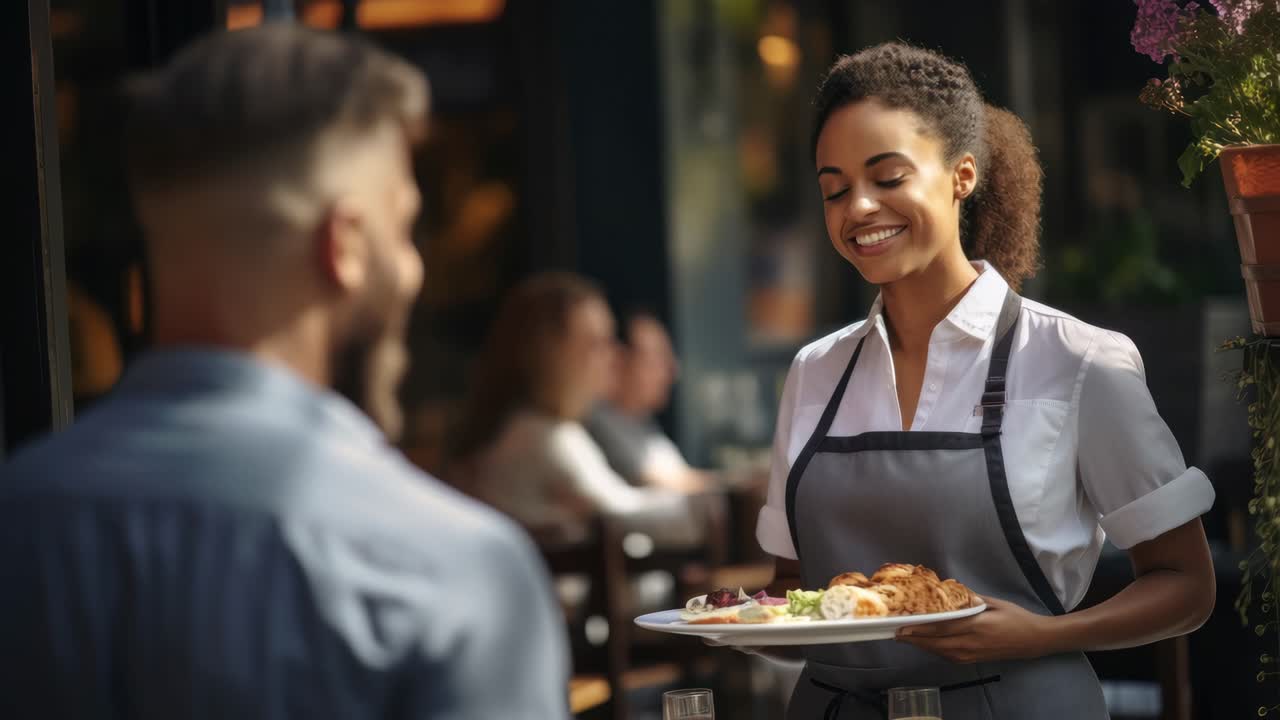 A cheerful waitress serves food to a customer in an outdoor cafe