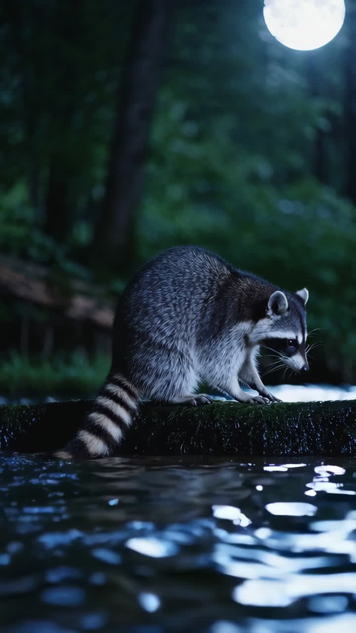 Raccoon by a Stream at Night