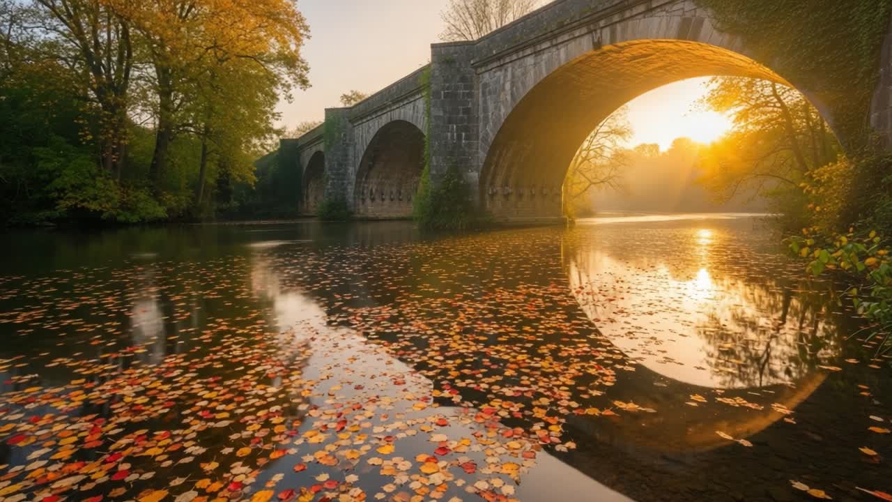 A Serene Autumn Evening at the Riverbank Under a Majestic Arch Bridge, Illuminated by the Golden Glow of Sunset with Colorful Fallen Leaves on the Water's Surface