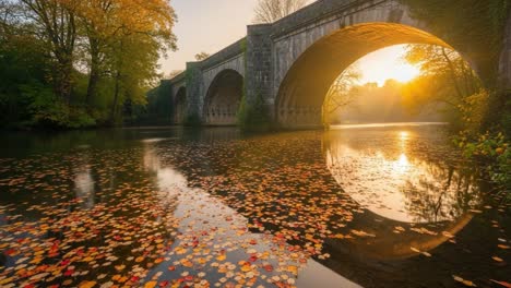 a serene autumn evening at the riverbank under a majestic arch bridge, illuminated by the golden glow of sunset with colorful fallen leaves on the water's surface