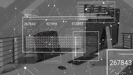 Animation-of-changing-numbers,-loading-bars-and-squares,-connected-dots-against-desktops-in-office