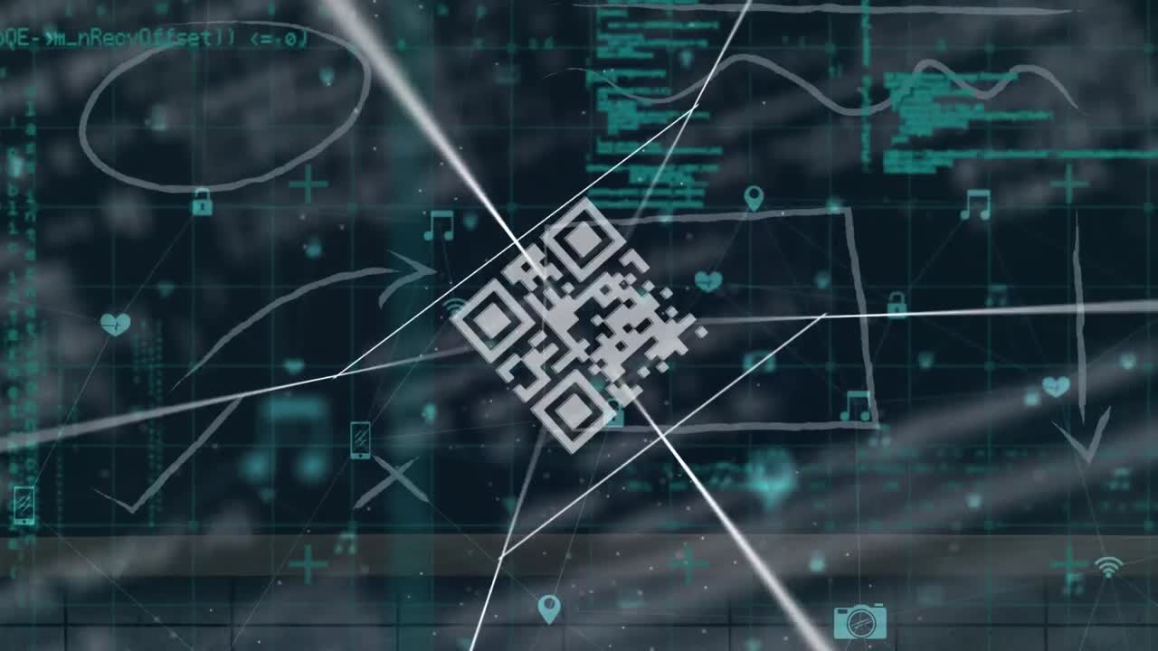 animación del código qr y la red de conexiones con iconos sobre el procesamiento de datos en fondo negro.