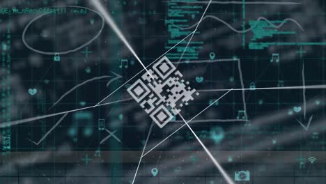 Animation-of-qr-code-and-network-of-connections-with-icons-over-data-processing-on-black-background