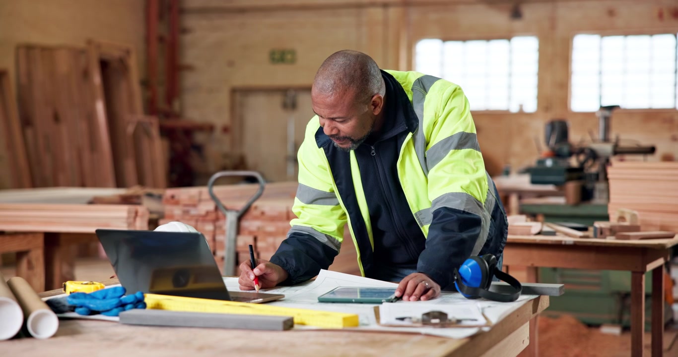 Carpenter Reviewing Blueprints and Using Tablet in Workshop