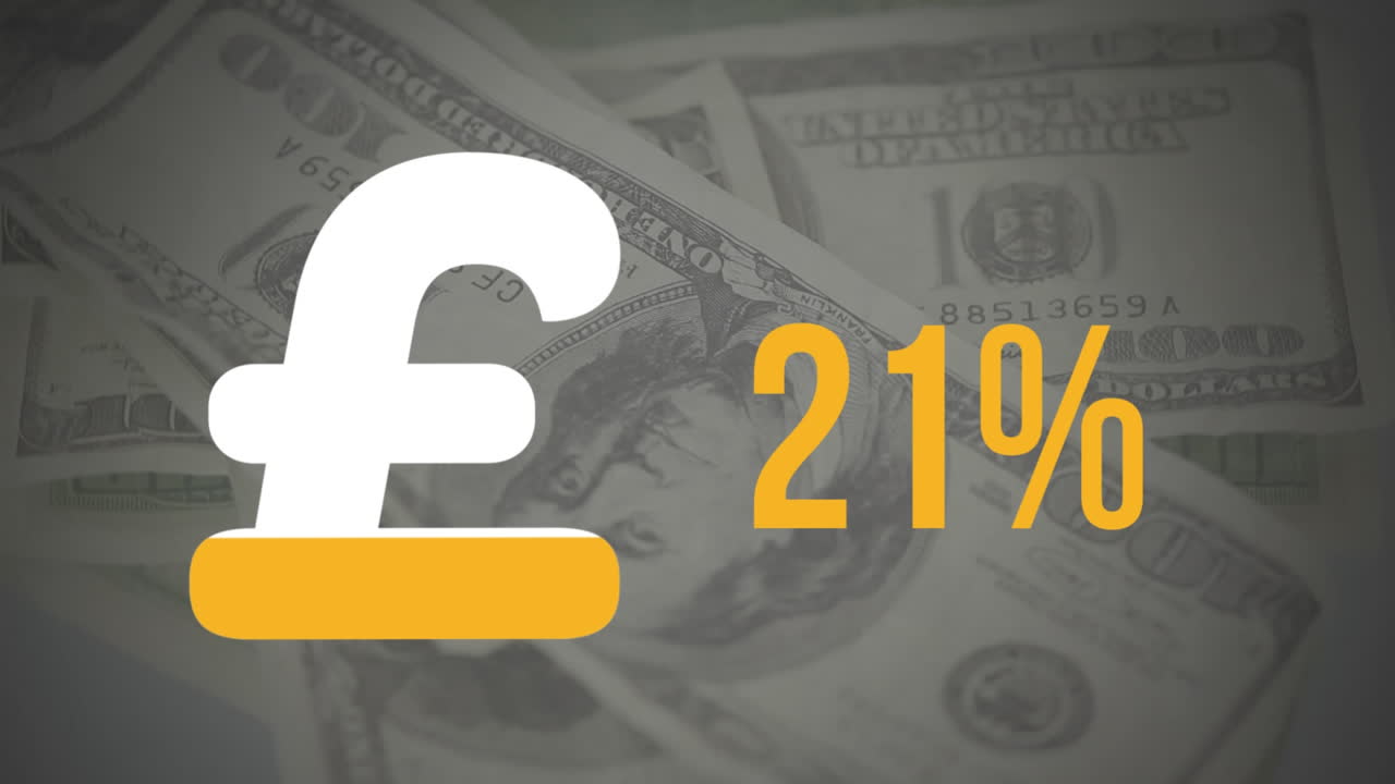 Pound symbol and percentage filling in colour and banknotes