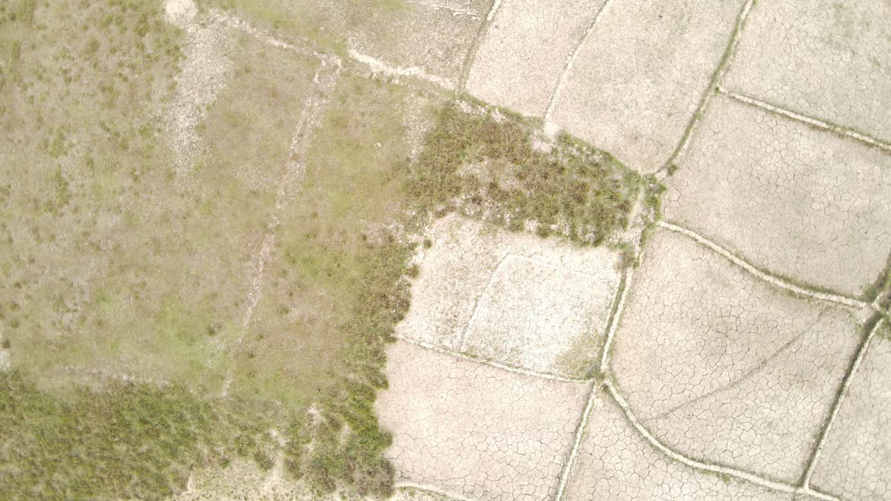 sequía agrietada seca secciones de tierras agrícolas fracturadas vista aérea girando sobre el paisaje árido dañado