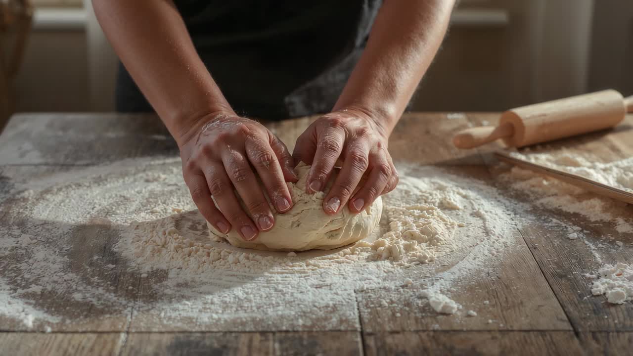 Shaping baker's hands folding, smoothing dough to form round loaf on home table, wearing dark apron