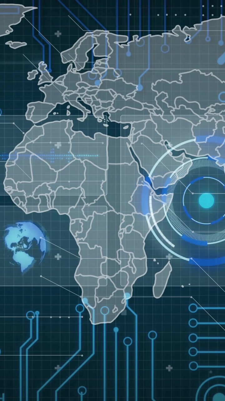 Animation of scope and data processing over computer circuit board and world map