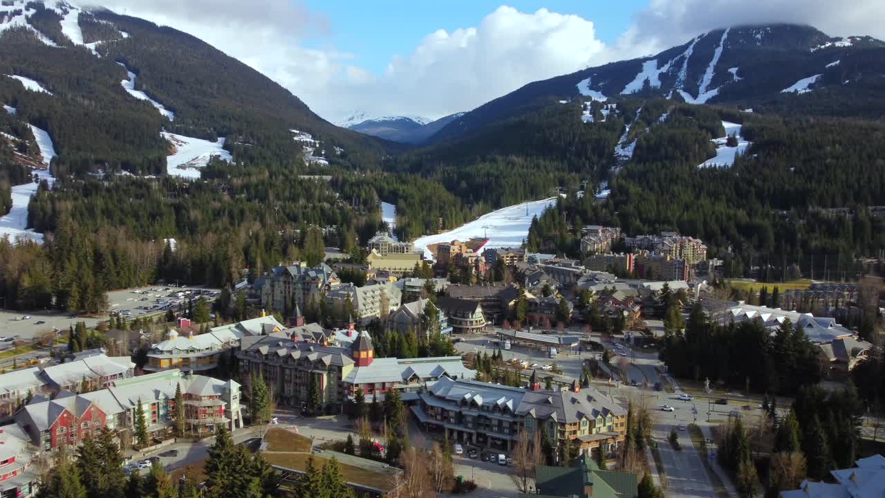 Whistler ski resort town in British Columbia Canada, aerial pan shot