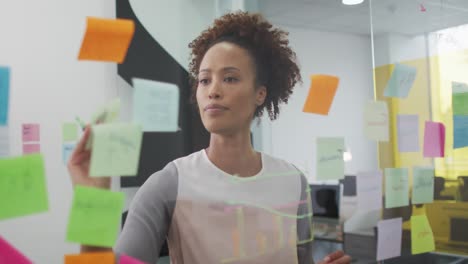 Mixed-race-businesswoman-brainstorming,-drawing-with-green-marker-on-transparent-board