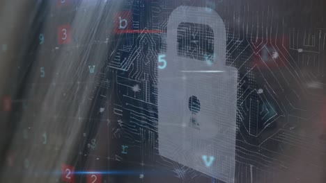 animation of security padlock over data processing on dark background