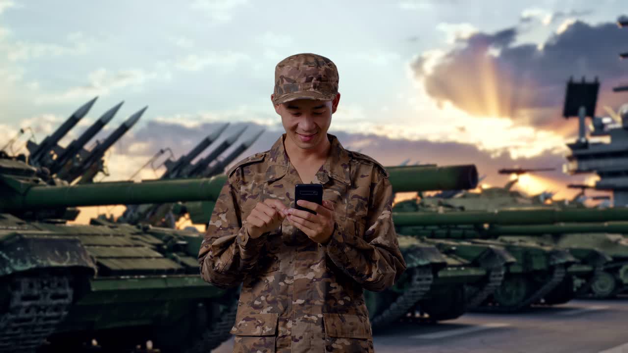 Soldato asiatico usa smartphone mentre è in piedi accanto al carro armato