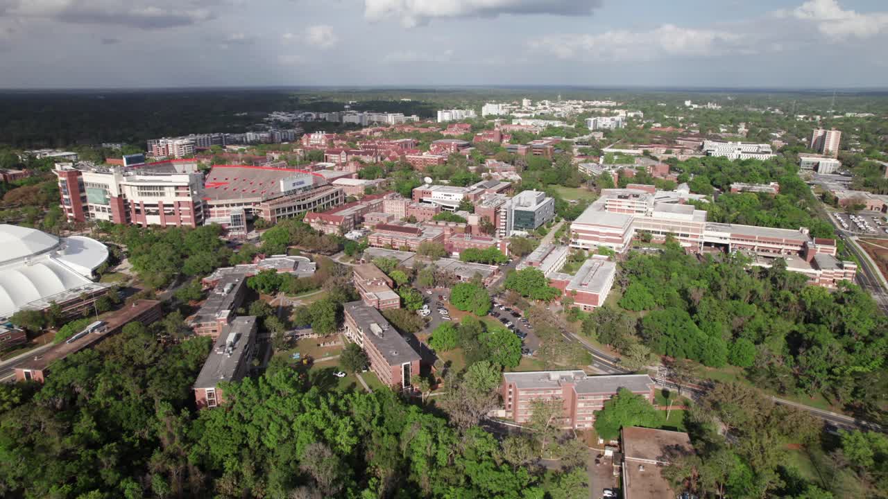 University of Florida Gainesville campus, long high drone shot with rich colors, 4K