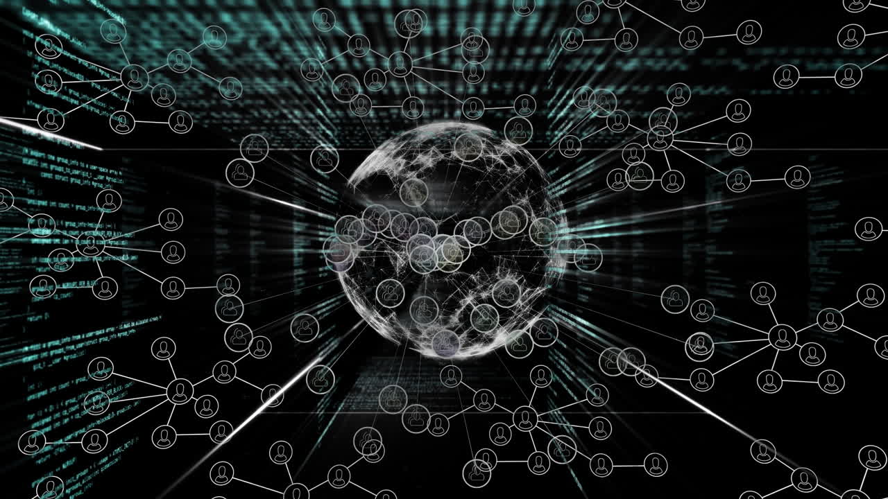 Animation of network of connections with people icons over data processing and globe