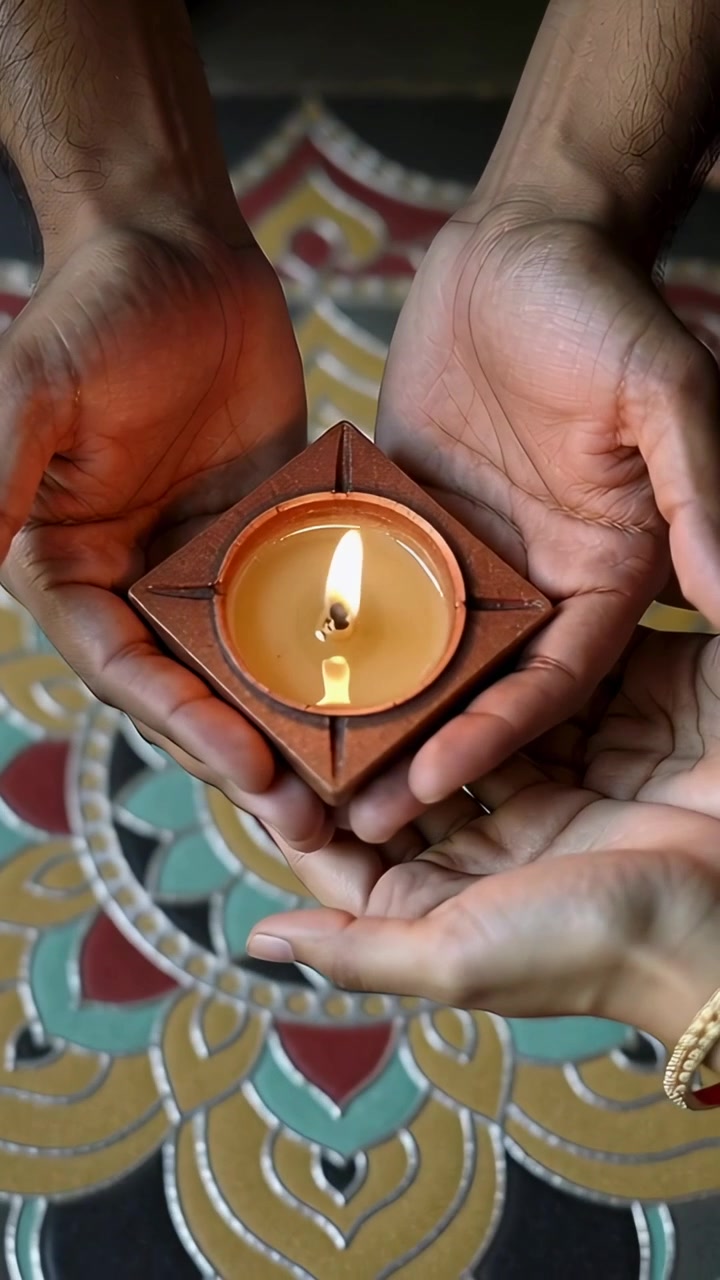 Vertical video: Holding male hands offering lit diya above rangoli, female hands reaching steadying