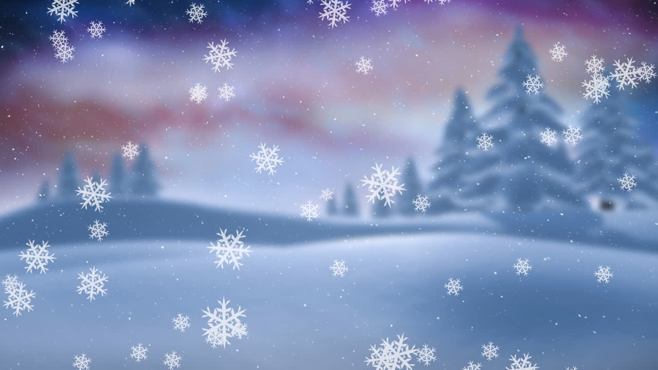 Animation of snow falling over winter landscape and northern lights