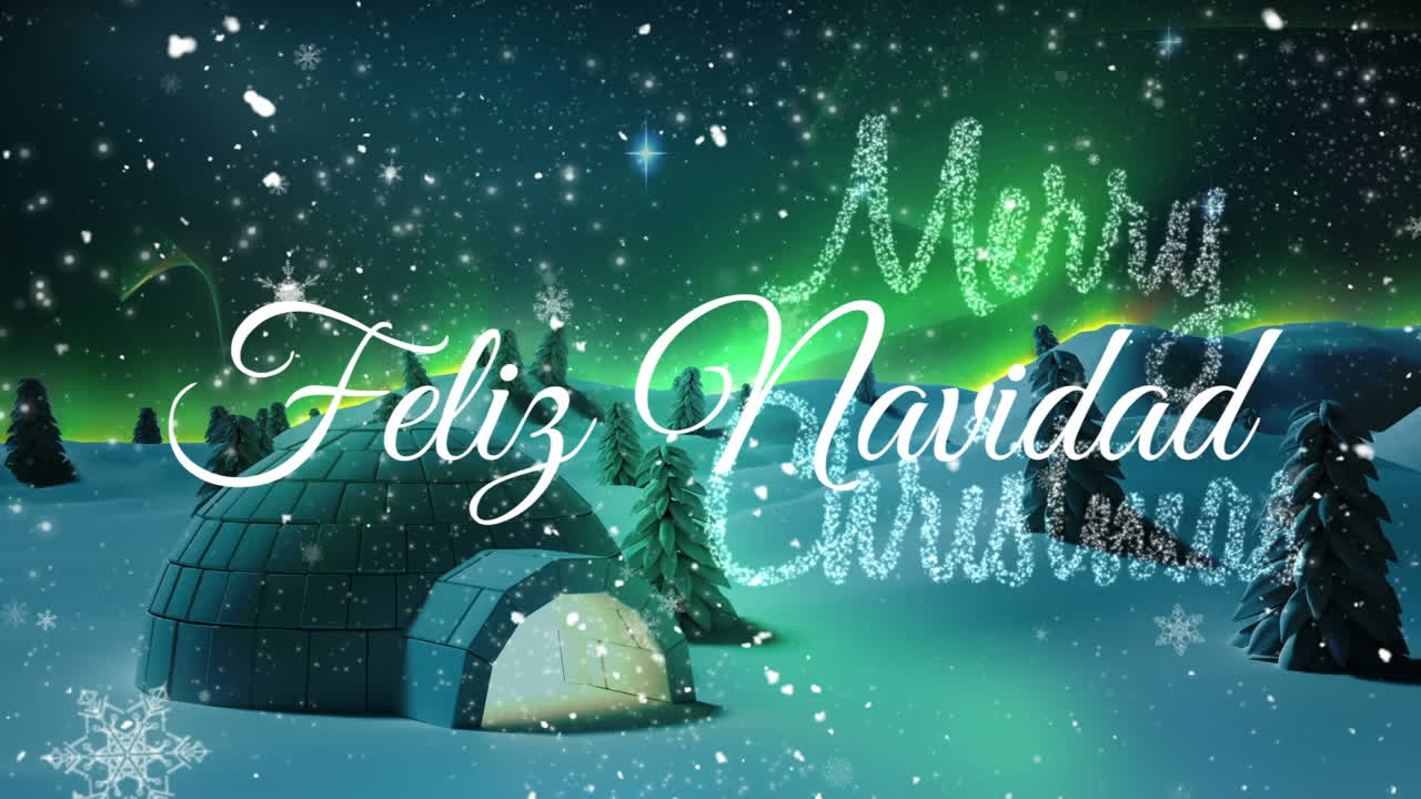 animación del texto de feliz navidad sobre el paisaje de invierno de navidad