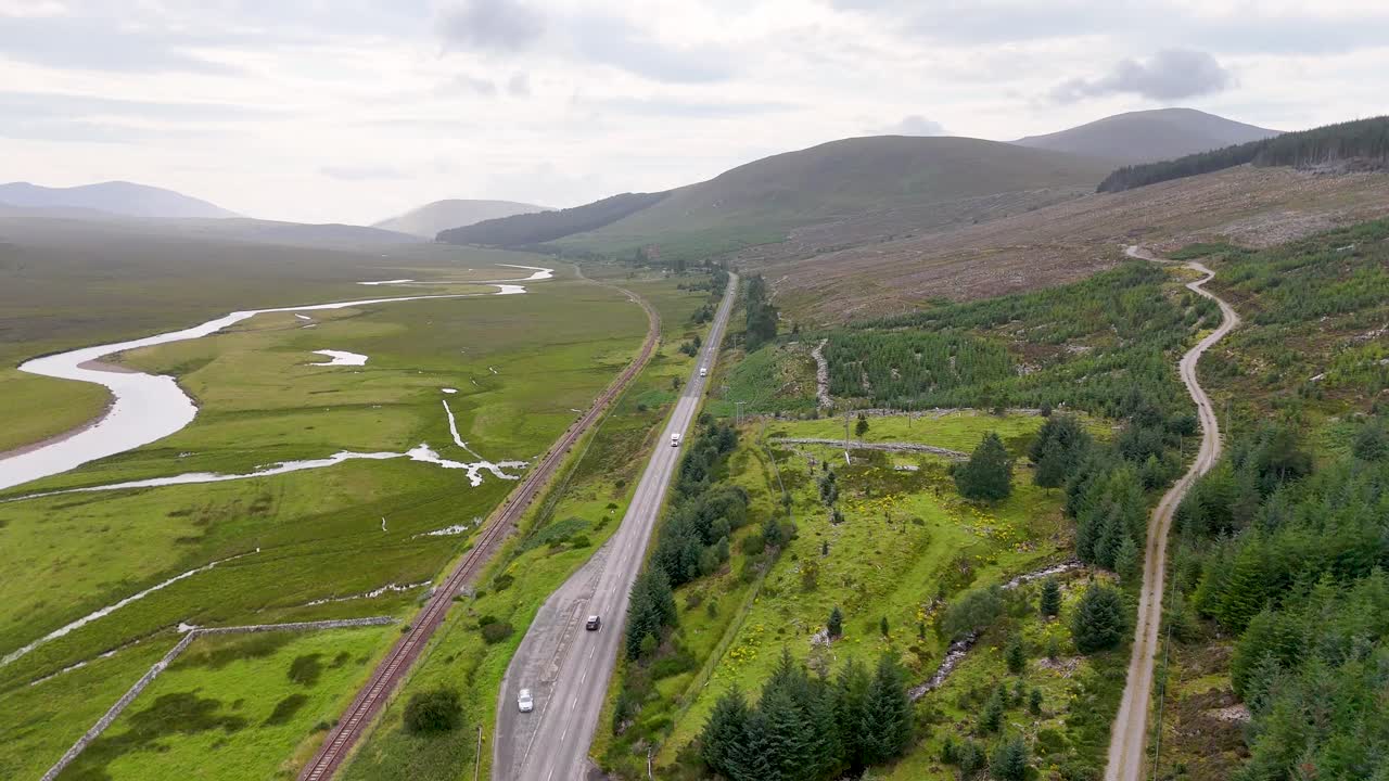 Aerial drone footage over winding road, river, and patchwork forests in the Scottish Highlands