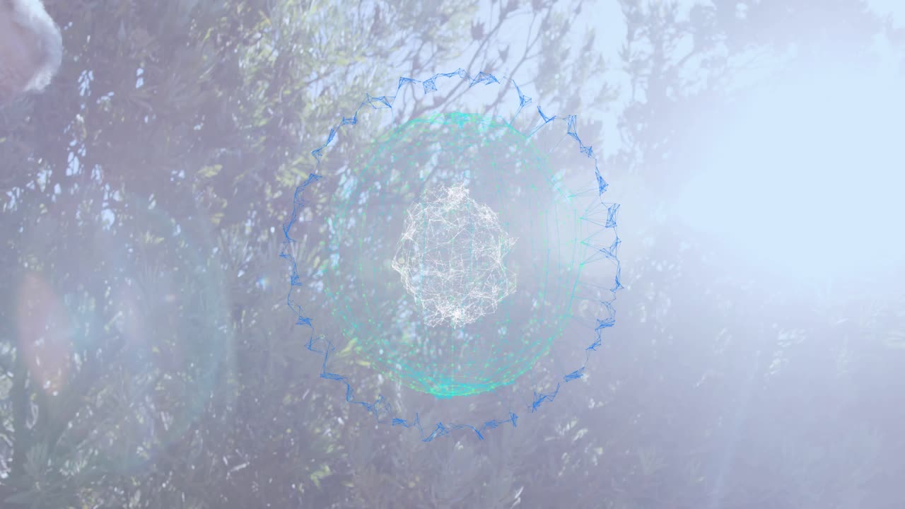 Sunlight streaming flares driving fitness overlay while runner adjusting harness and speeding up