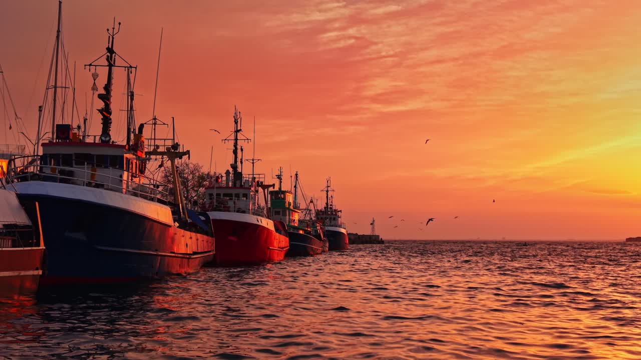 Sunset over fishing boats in Nesebar, Bulgaria