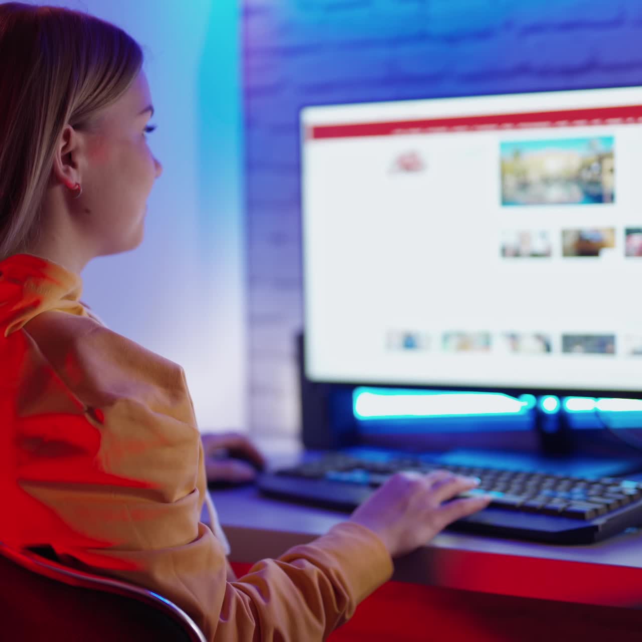 Girl using computer in house