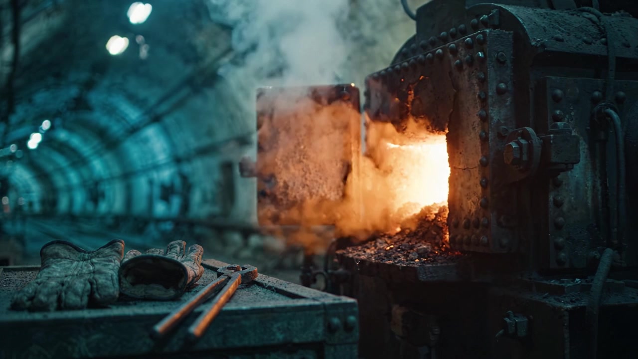 Intensive Hitze und Handwerkskunst: Die Kunst des Schmiedens in einer dämmrig beleuchteten Werkstatt, umgeben von alten Techniken und modernen Werkzeugen der Metallbearbeitung