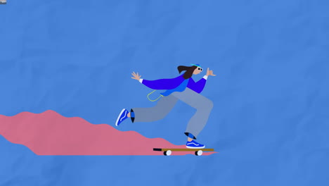 animación de un hombre en patineta sobre un fondo azul