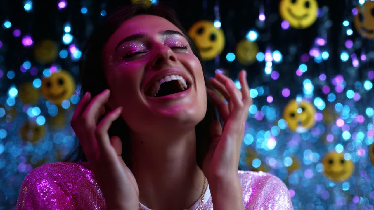 Joyful Celebration of Happiness and Radiant Expression Captured in Two Frames, Featuring a Woman Embracing Laughter Against a Sparkling Background with Playful Smiley Faces and Colorful Lights